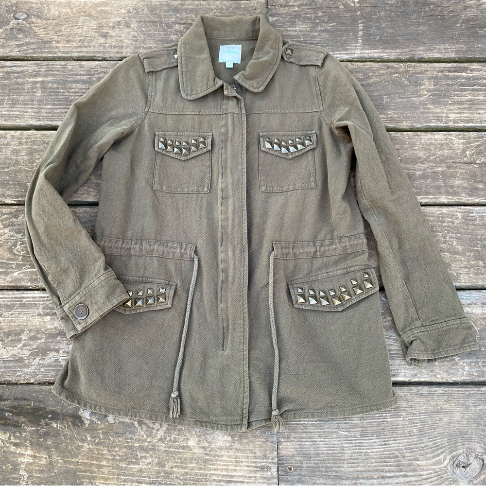 Chord Olive Green Military Jacket Studded Cinched Waist Size Small